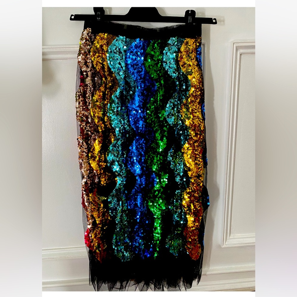 GUCCI Fall 16 Multicolor Rainbow Sequin Black Tulle Women’s Pleated Skirt